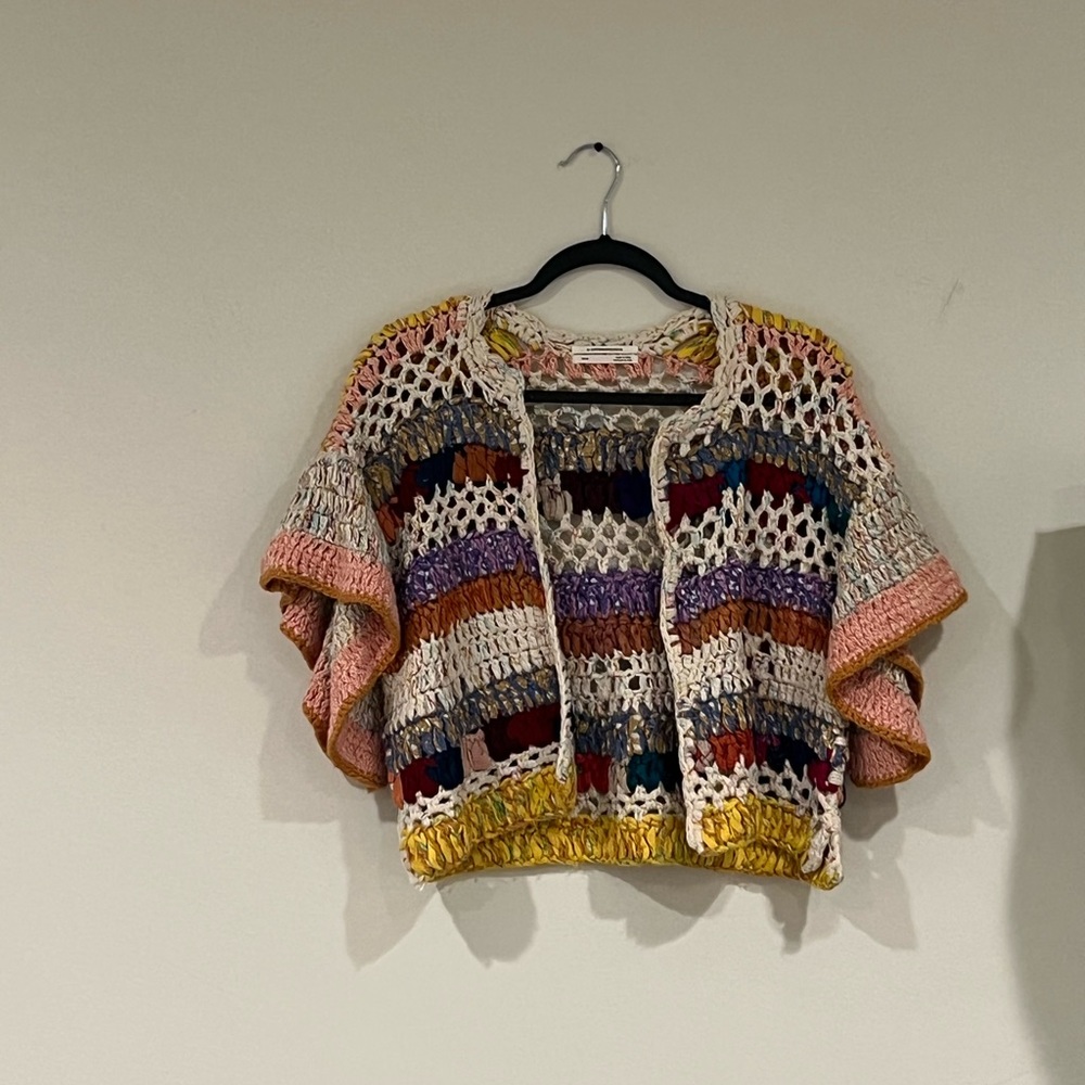 Anthropologie hand crocket cropped cardigan hand crafted women size XS-S